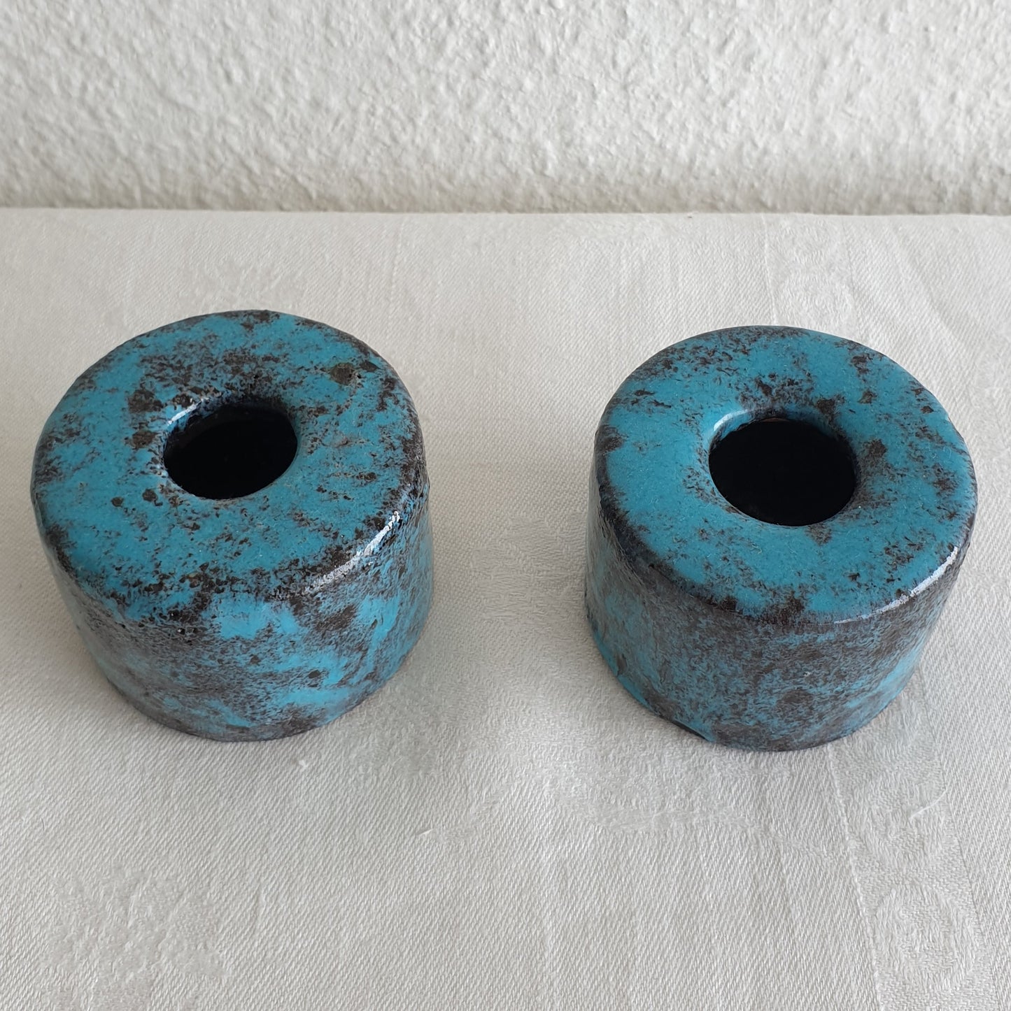 2 x ARN for Raymor Turquoise Black Glazed Studio Ceramic Candle Holders Mollaris.com