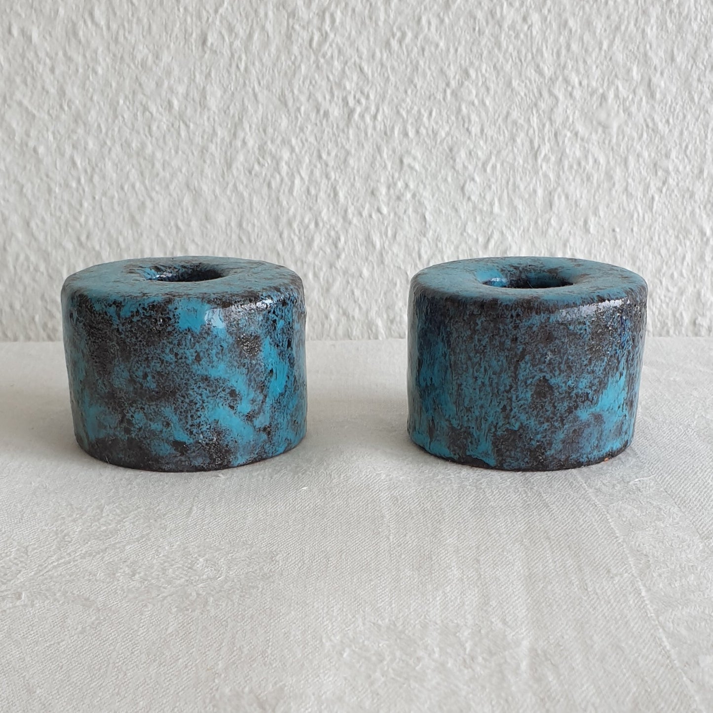 2 x ARN for Raymor Turquoise Black Glazed Studio Ceramic Candle Holders Mollaris.com