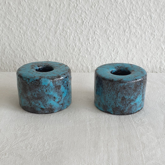 2 x ARN for Raymor Turquoise Black Glazed Studio Ceramic Candle Holders Mollaris.com