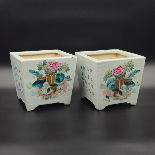 A Mirrored Pair of Chinese Qianjiang Cai 'Hundred Treasures' Planters by Xu Pinheng, Dated 1894, Guangxu Period Mollaris.com