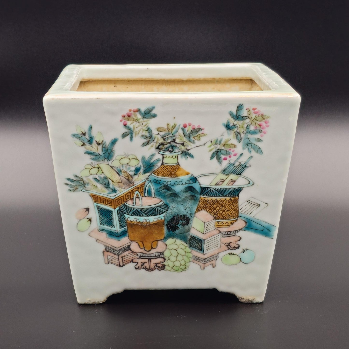 A Mirrored Pair of Chinese Qianjiang Cai 'Hundred Treasures' Planters by Xu Pinheng, Dated 1894, Guangxu Period Mollaris.com