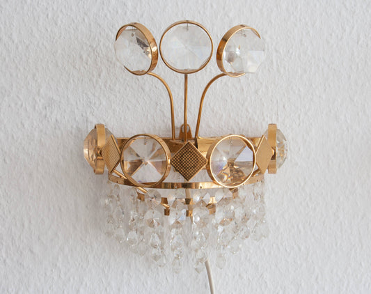 A Pair of Gold-Plated Brass Wall Sconces with Cut Crystal Prisms Mollaris.com