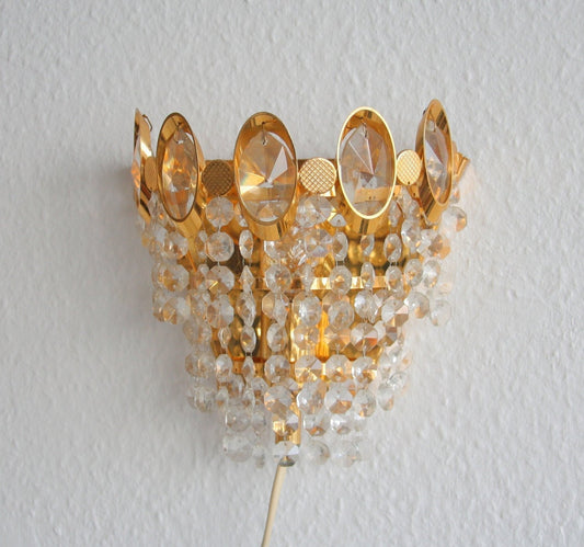 A Pair of Gold-Plated Brass Wall Sconces with Small Cut Crystal Prisms Mollaris.com