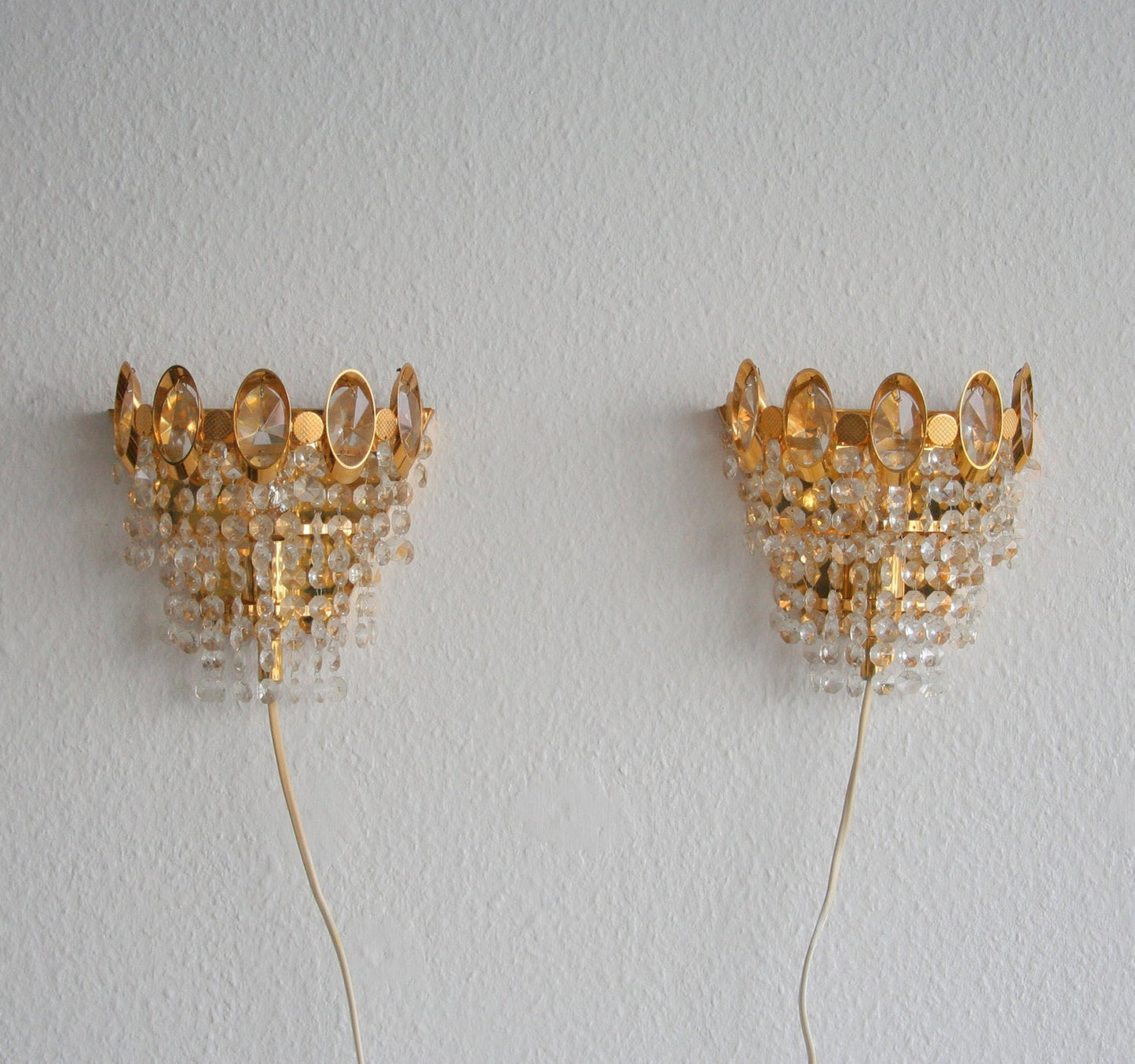 A Pair of Gold-Plated Brass Wall Sconces with Small Cut Crystal Prisms Mollaris.com