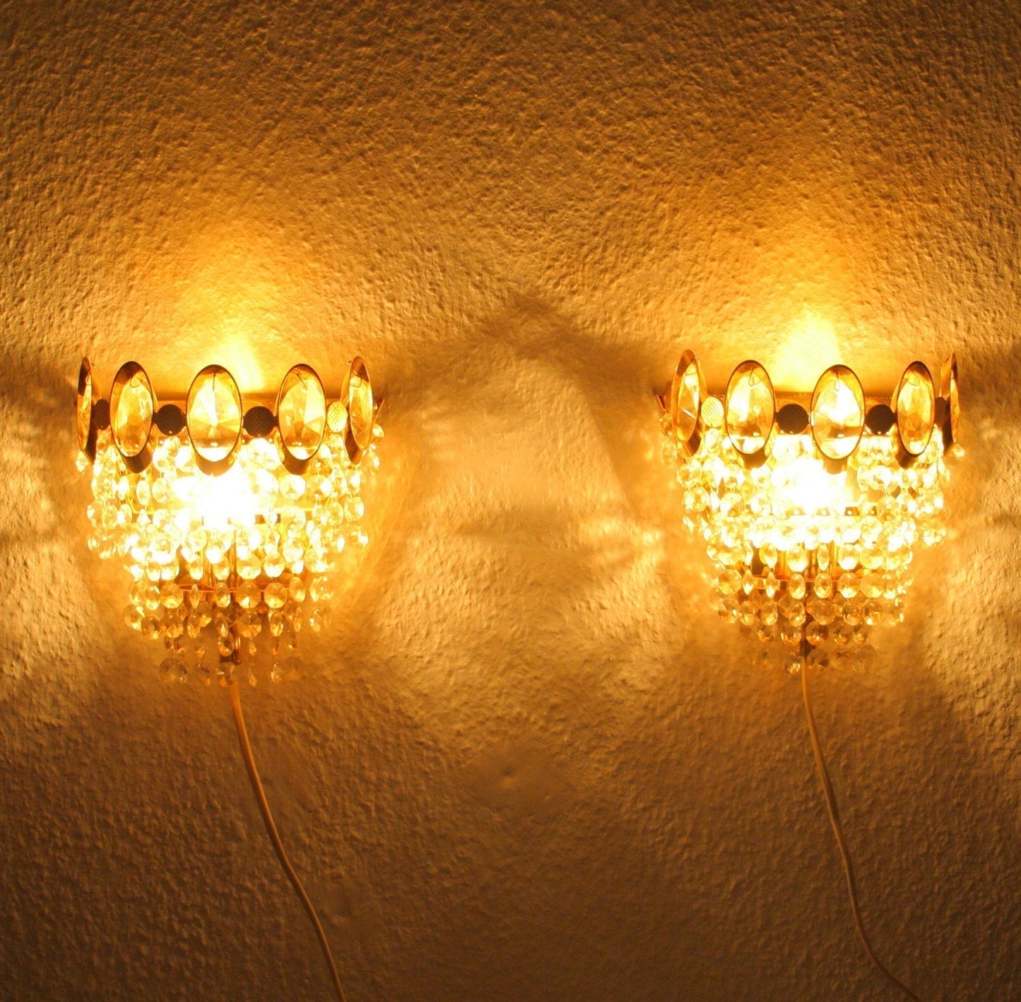 A Pair of Gold-Plated Brass Wall Sconces with Small Cut Crystal Prisms Mollaris.com
