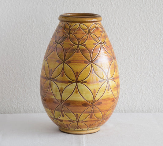 AKSEL SIGVALD NIELSEN Knabstrup Geometric Patterned Yellow Orange Glazed Ceramic Floor Vase Mollaris.com