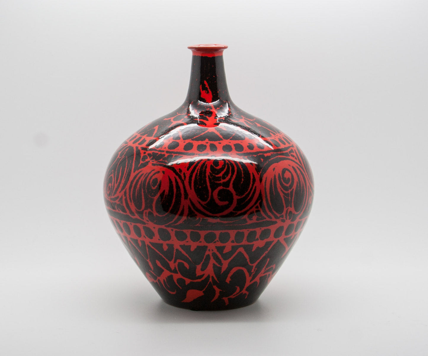 ALVINO BAGNI Abstract Decorated Red Black Glazed Ceramic Vase Mollaris.com