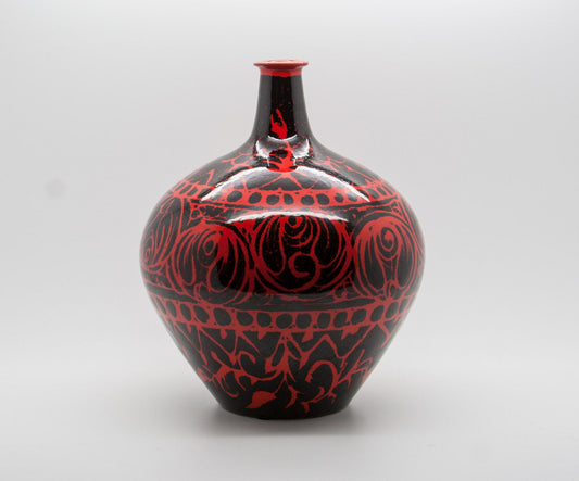 ALVINO BAGNI Abstract Decorated Red Black Glazed Ceramic Vase Mollaris.com
