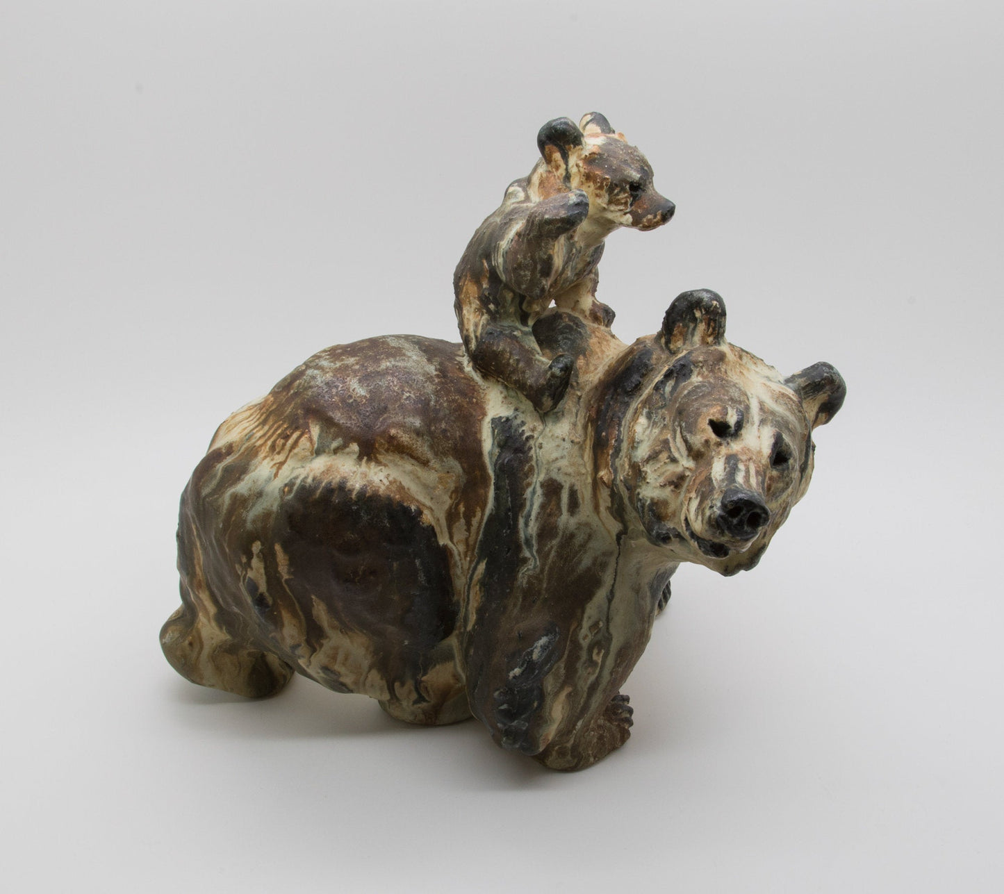 ARNE INGDAM Large Unique Brown Glazed Stoneware Bear With Cub Sculpture Mollaris.com