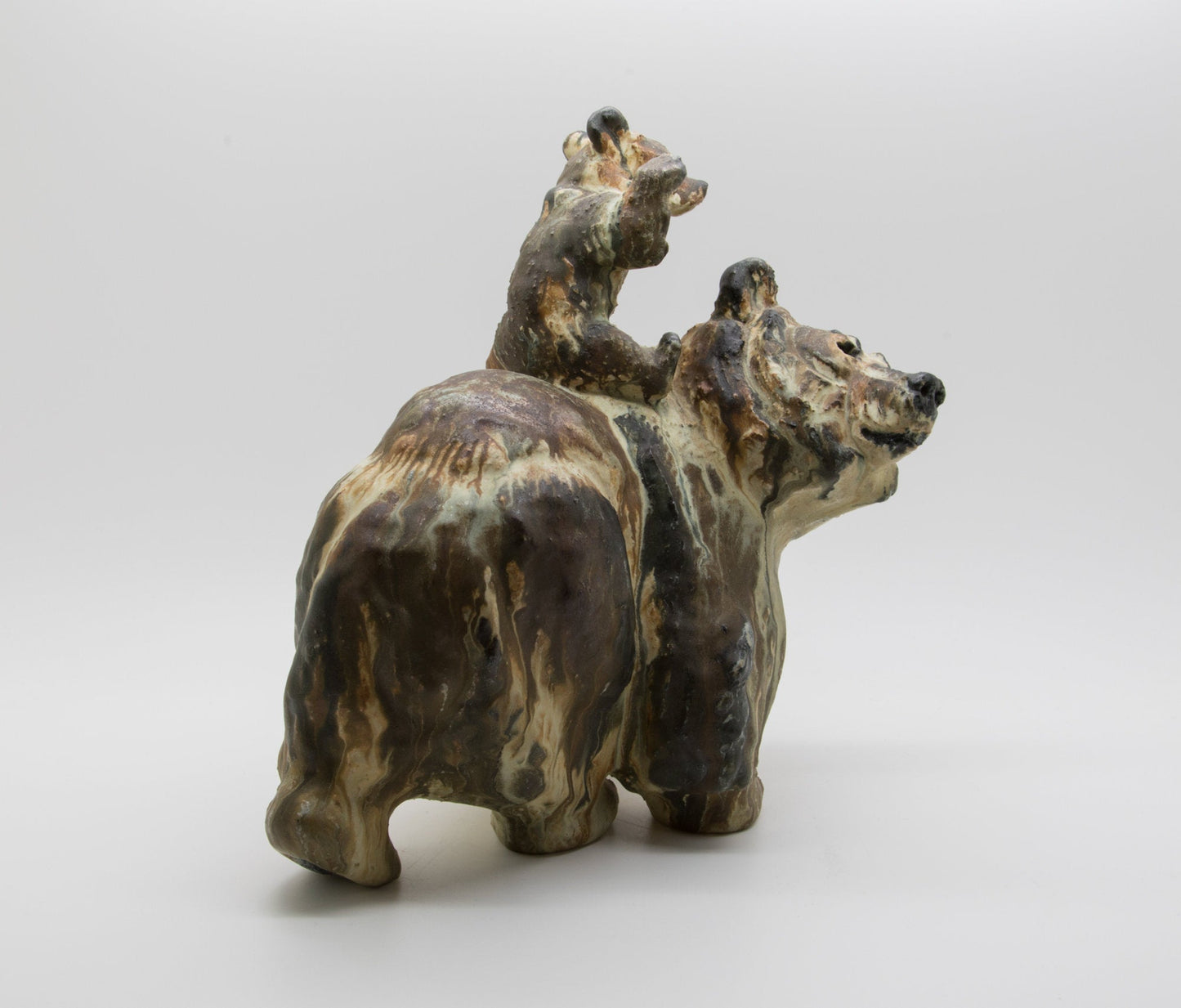 ARNE INGDAM Large Unique Brown Glazed Stoneware Bear With Cub Sculpture Mollaris.com