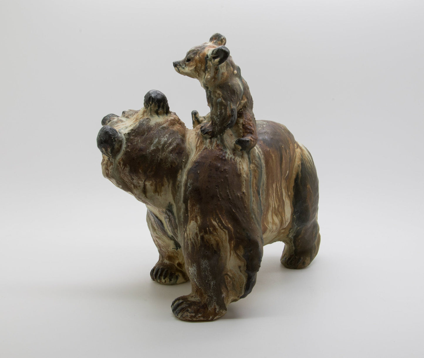 ARNE INGDAM Large Unique Brown Glazed Stoneware Bear With Cub Sculpture Mollaris.com