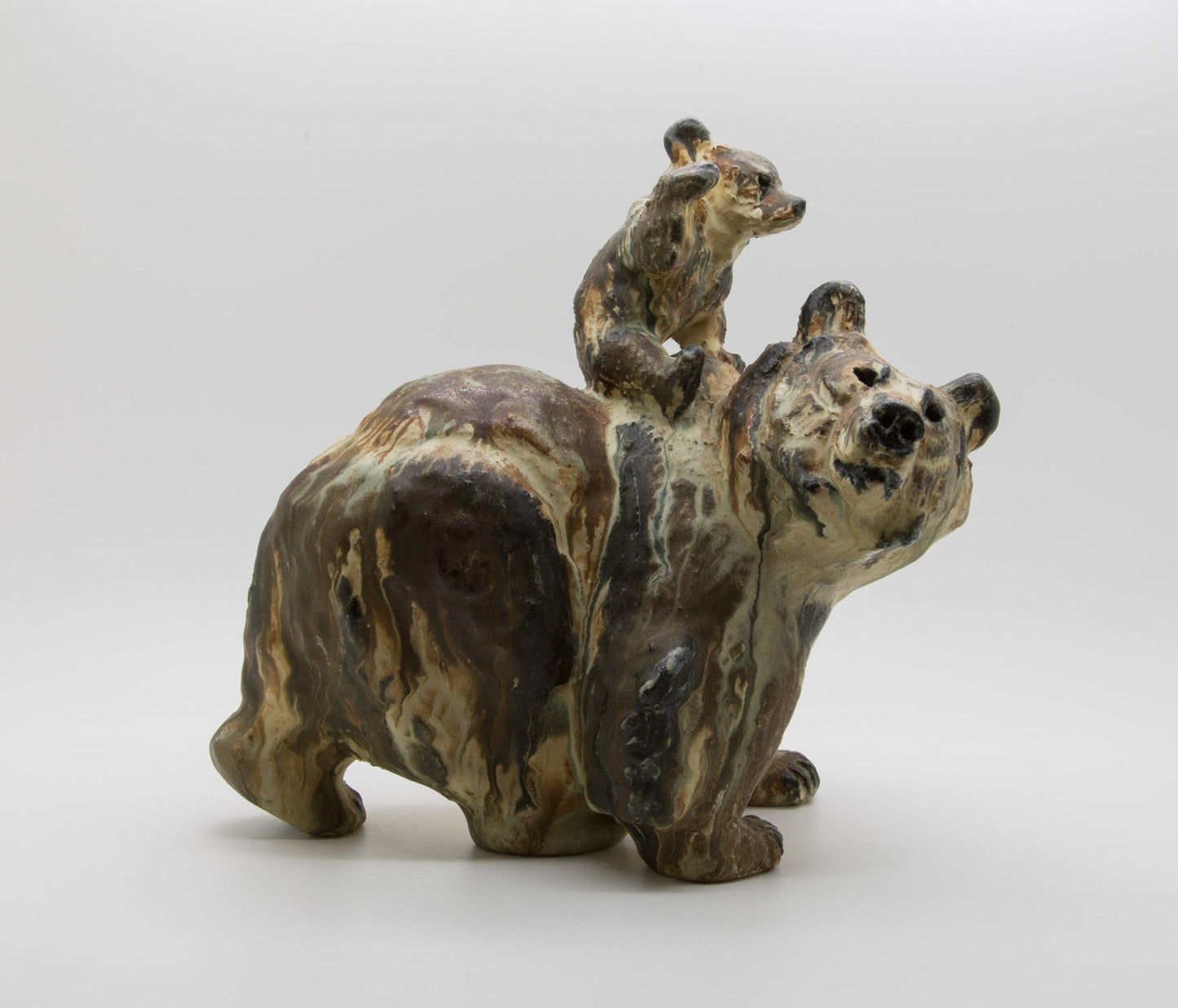 ARNE INGDAM Large Unique Brown Glazed Stoneware Bear With Cub Sculpture Mollaris.com