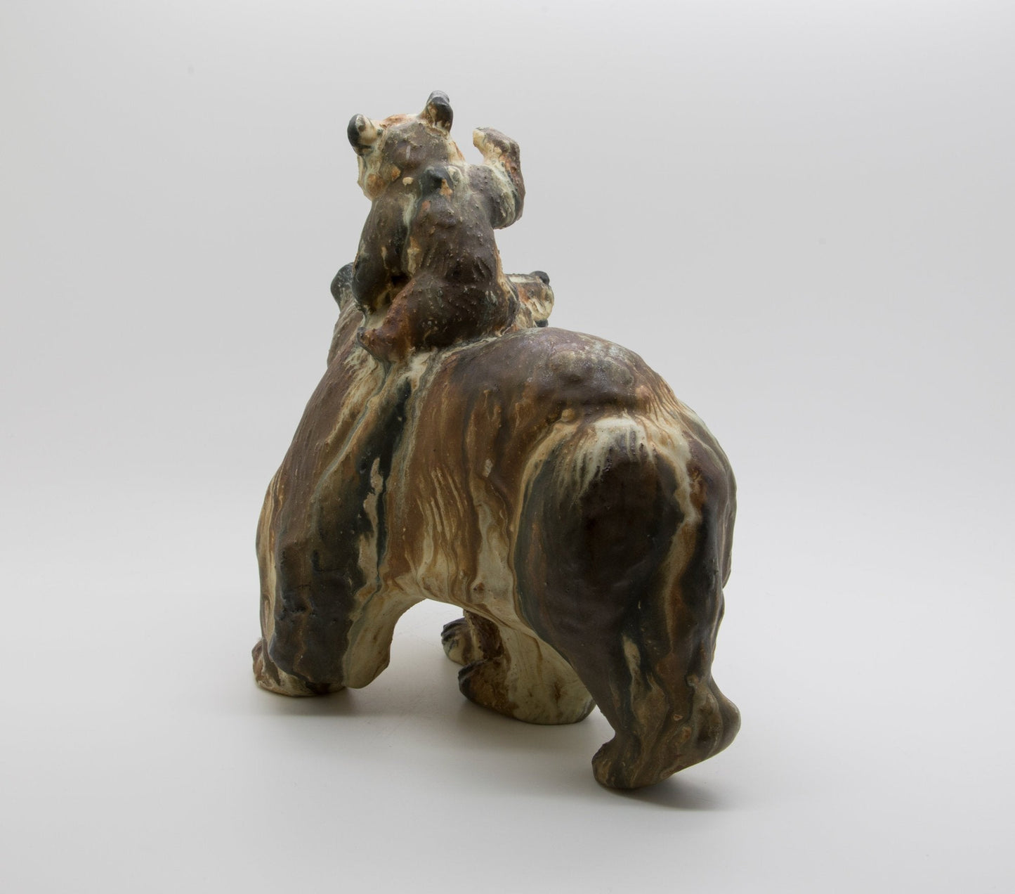 ARNE INGDAM Large Unique Brown Glazed Stoneware Bear With Cub Sculpture Mollaris.com