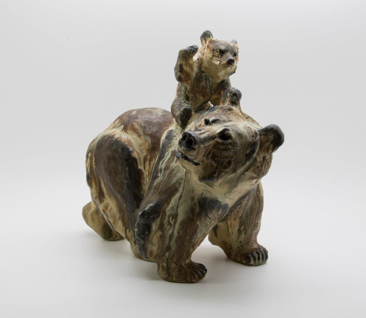 ARNE INGDAM Large Unique Brown Glazed Stoneware Bear With Cub Sculpture Mollaris.com