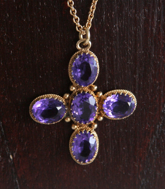 Antique GREEK CROSS Faux Amethyst Solid Silver (833S) Pendant Necklace Mollaris.com