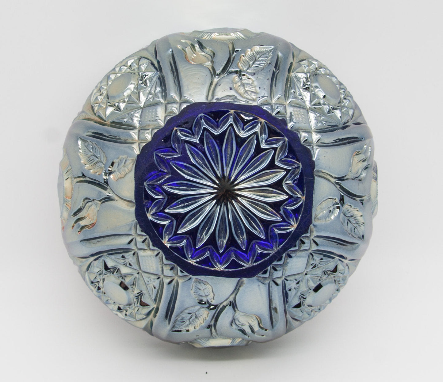 BROCKWITZ Carnival Glass Blue ROSE GARDEN Bowl Rosebowl Mollaris.com