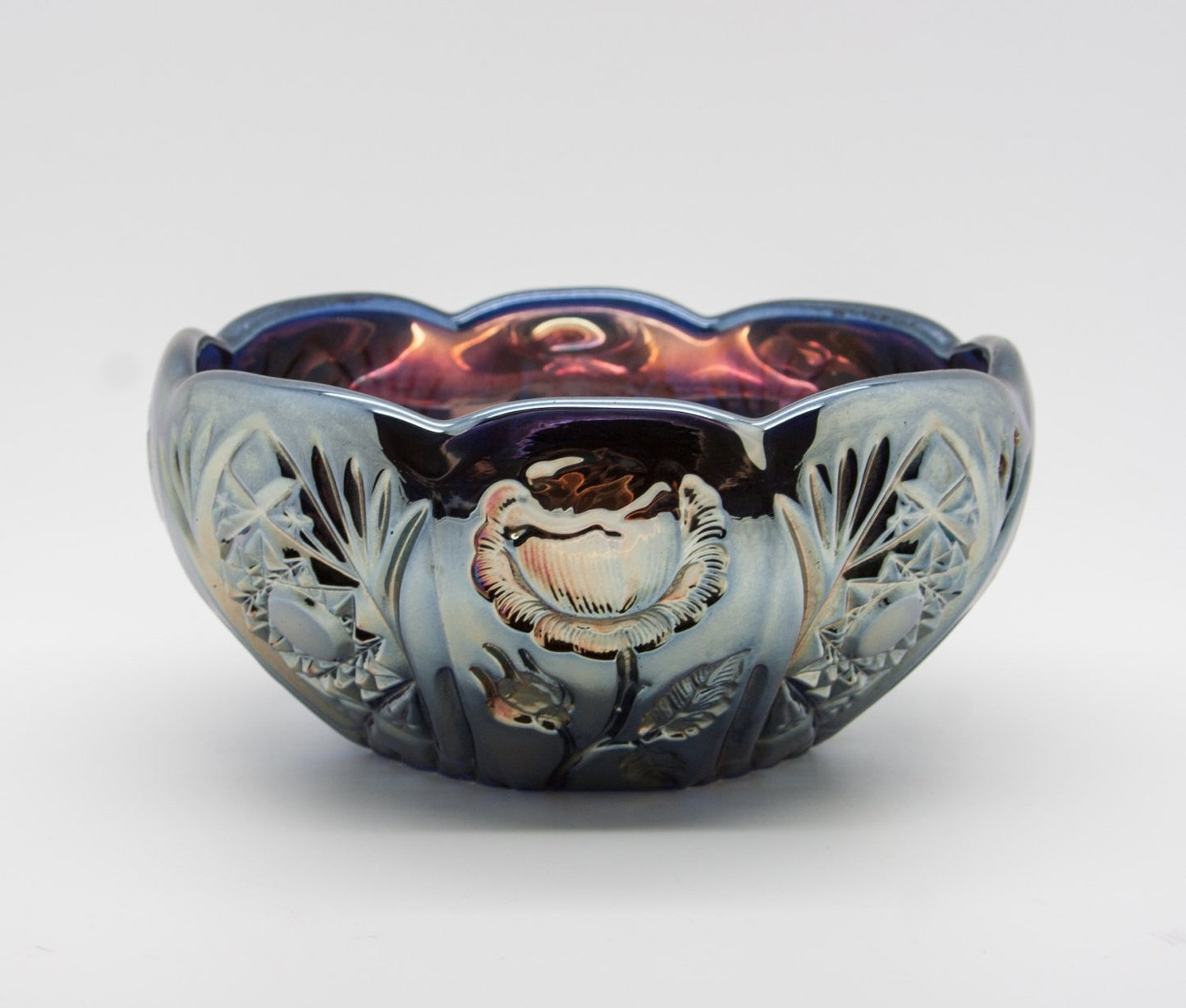 BROCKWITZ Carnival Glass Blue ROSE GARDEN Bowl Rosebowl Mollaris.com