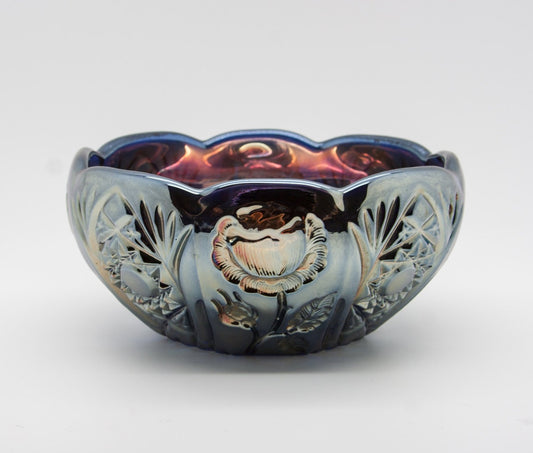 BROCKWITZ Carnival Glass Blue ROSE GARDEN Bowl Rosebowl Mollaris.com