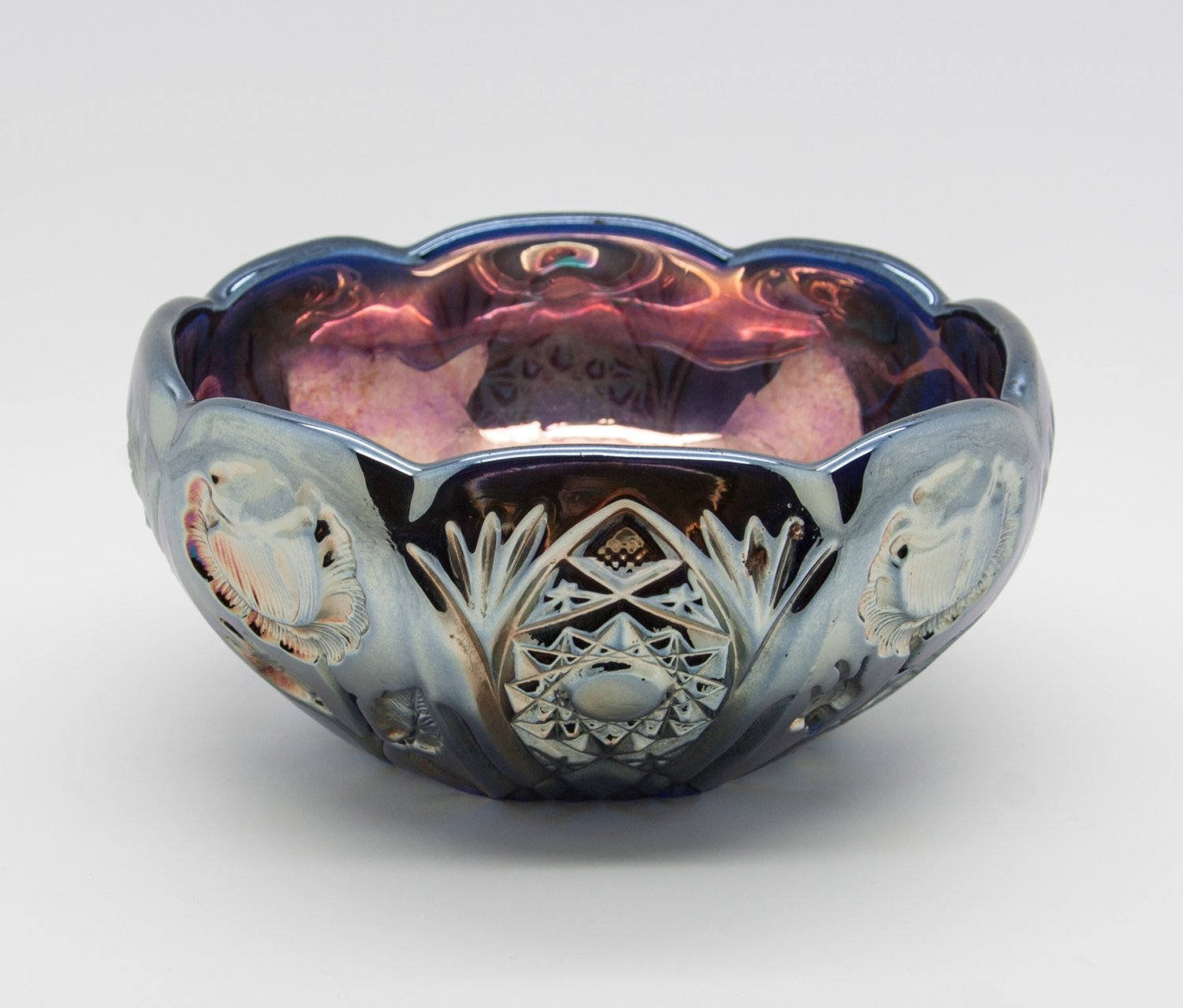 BROCKWITZ Carnival Glass Blue ROSE GARDEN Bowl Rosebowl Mollaris.com