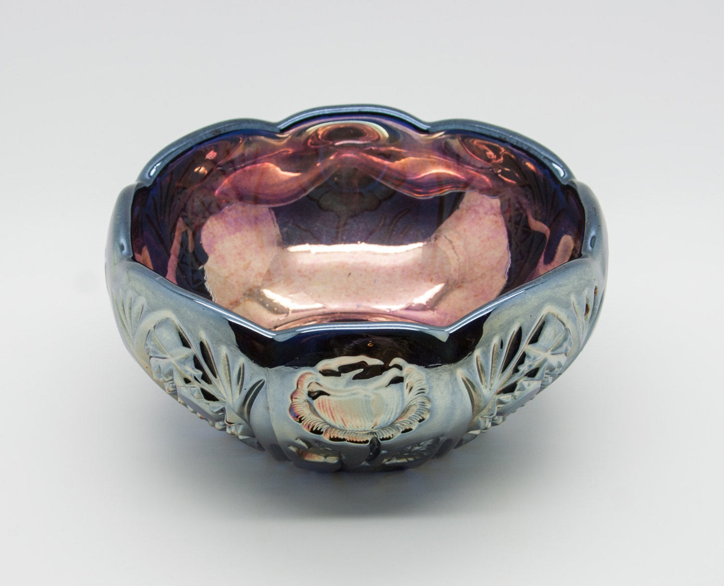 BROCKWITZ Carnival Glass Blue ROSE GARDEN Bowl Rosebowl Mollaris.com