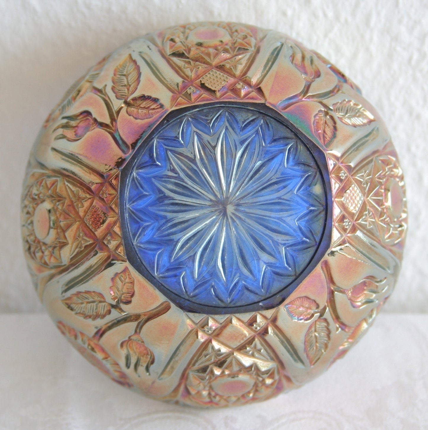 BROCKWITZ Carnival Glass Blue ROSE GARDEN Bowl Rosebowl Mollaris.com