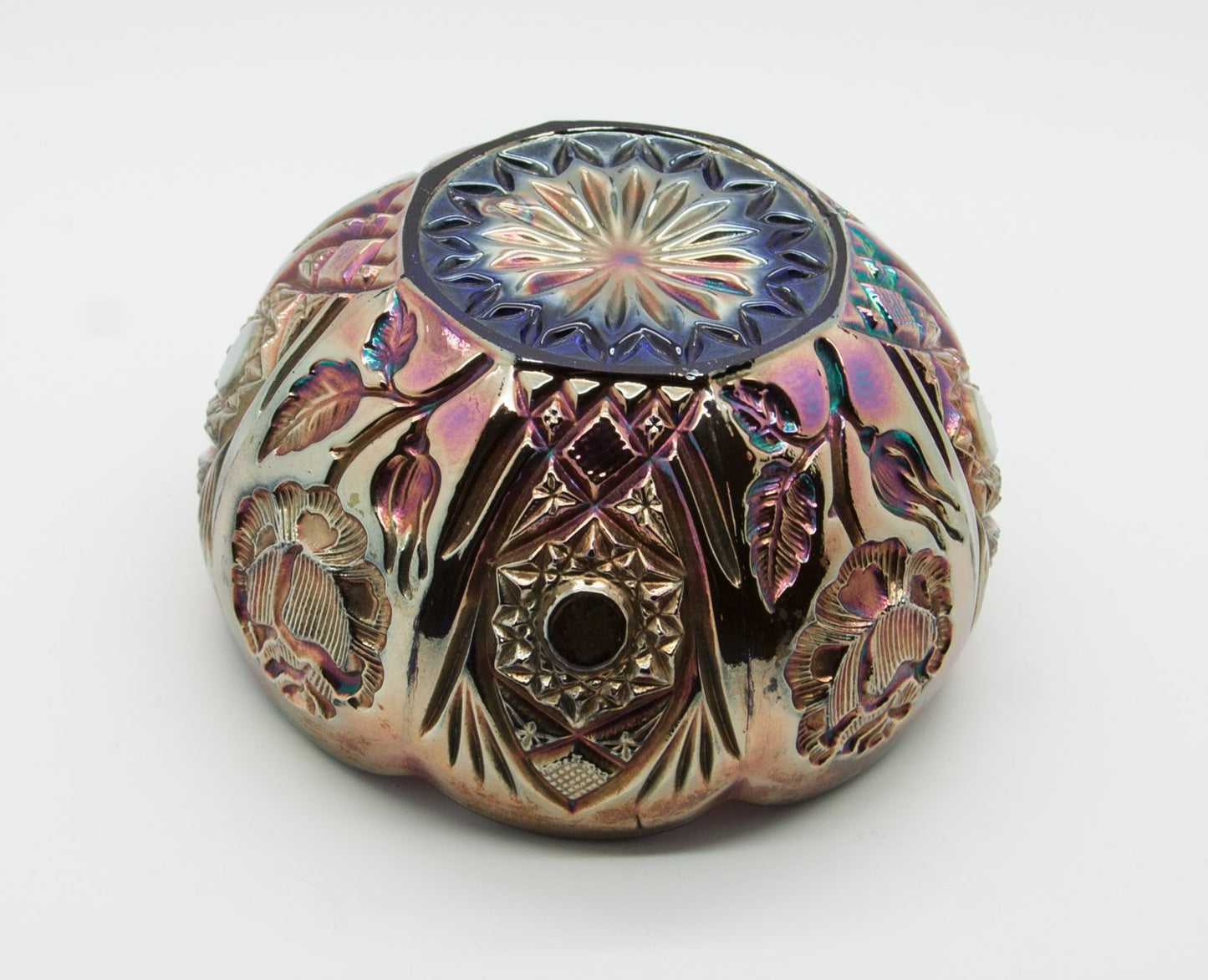 BROCKWITZ Carnival Glass Blue ROSE GARDEN Bowl Rosebowl Mollaris.com