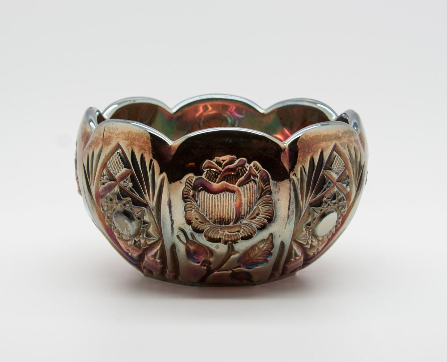 BROCKWITZ Carnival Glass Blue ROSE GARDEN Bowl Rosebowl Mollaris.com
