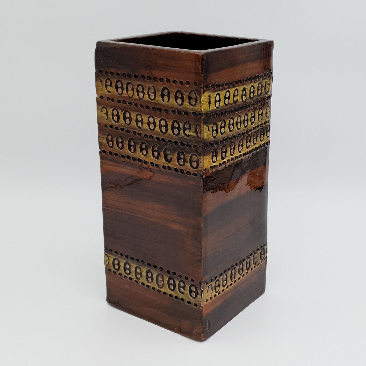 Bitossi ALDO LONDI Brown Square 2-dots Sgrafitto Decorated Ceramic Vase Mollaris.com