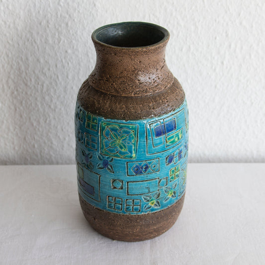 Bitossi ALDO LONDI Large Blue Flowers and Geometric Shapes Ceramic Vase Mollaris.com