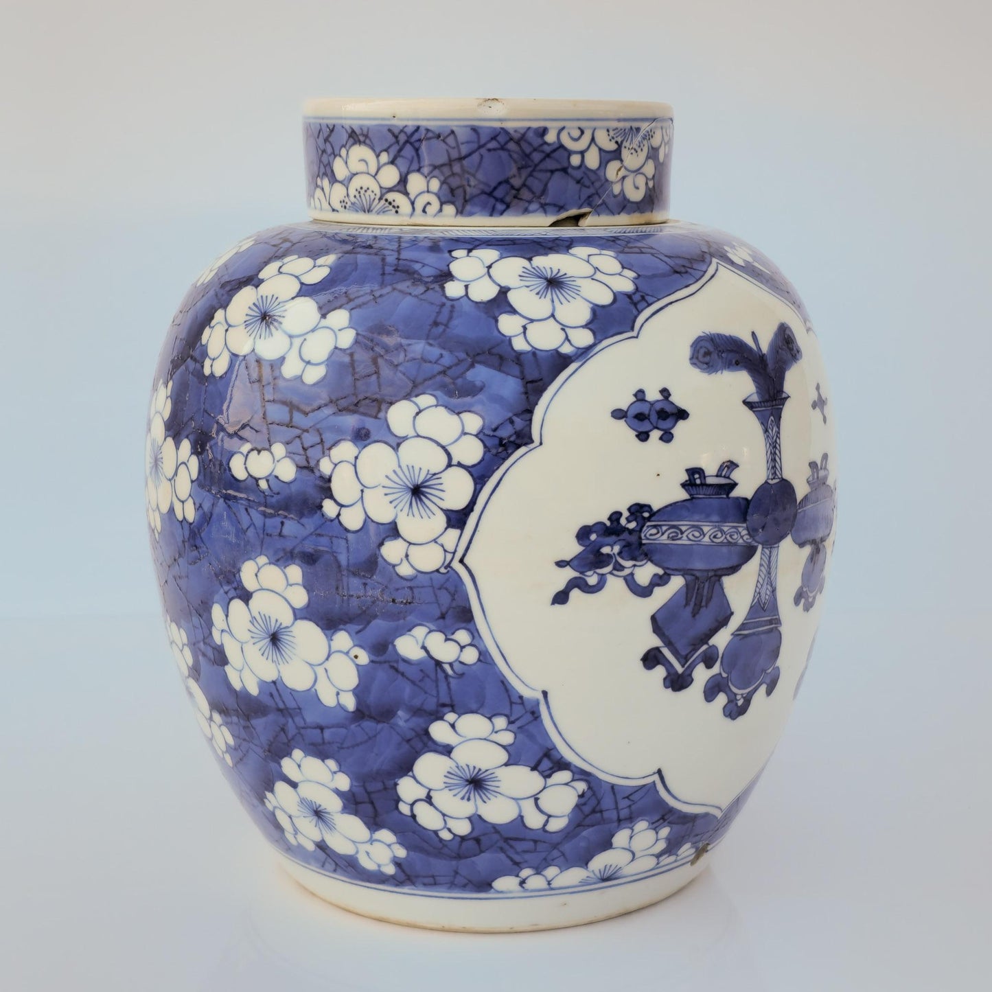 Chinese 18thC. Blue and White Ginger Jar Plum Blossoms Cracked Ice Pattern Kangxi Qing Mollaris.com