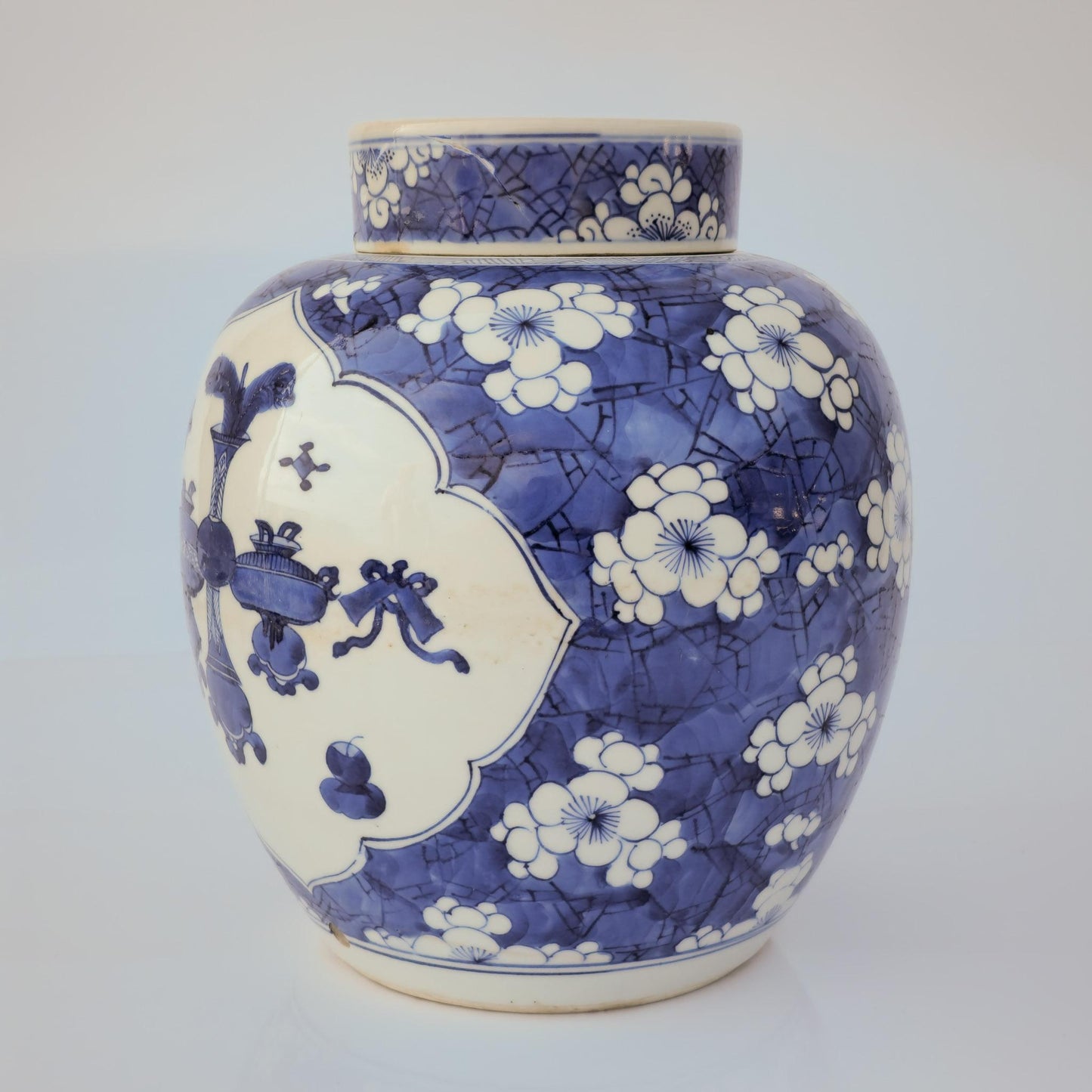 Chinese 18thC. Blue and White Ginger Jar Plum Blossoms Cracked Ice Pattern Kangxi Qing Mollaris.com