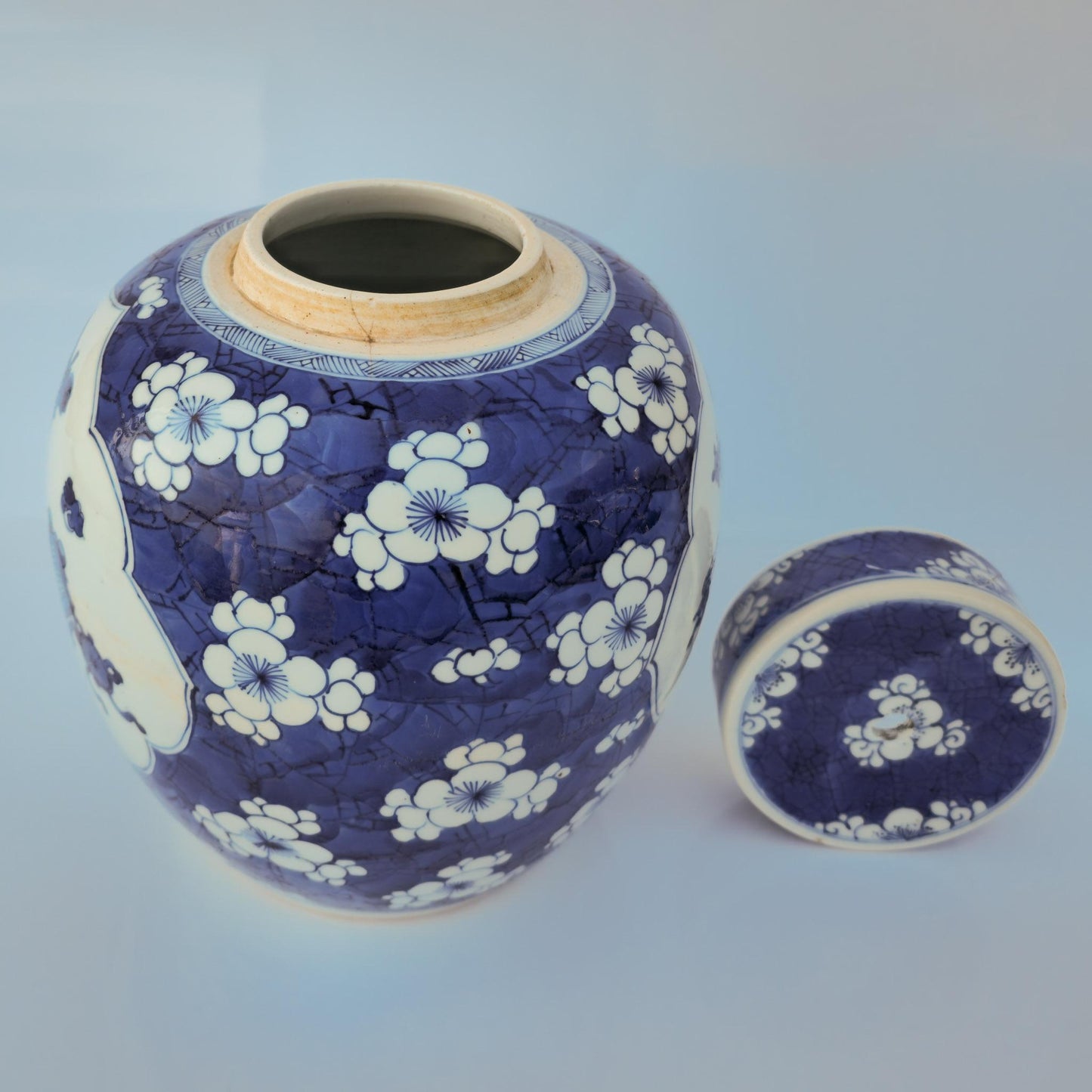 Chinese 18thC. Blue and White Ginger Jar Plum Blossoms Cracked Ice Pattern Kangxi Qing Mollaris.com
