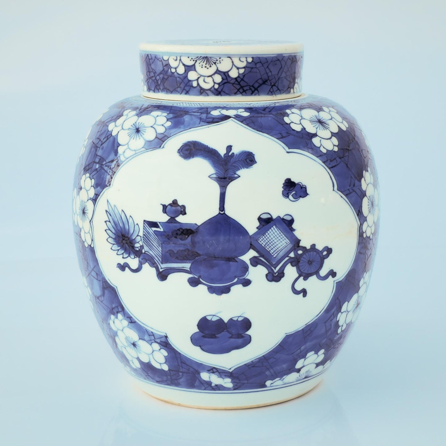 Chinese 18thC. Blue and White Ginger Jar Plum Blossoms Cracked Ice Pattern Kangxi Qing Mollaris.com