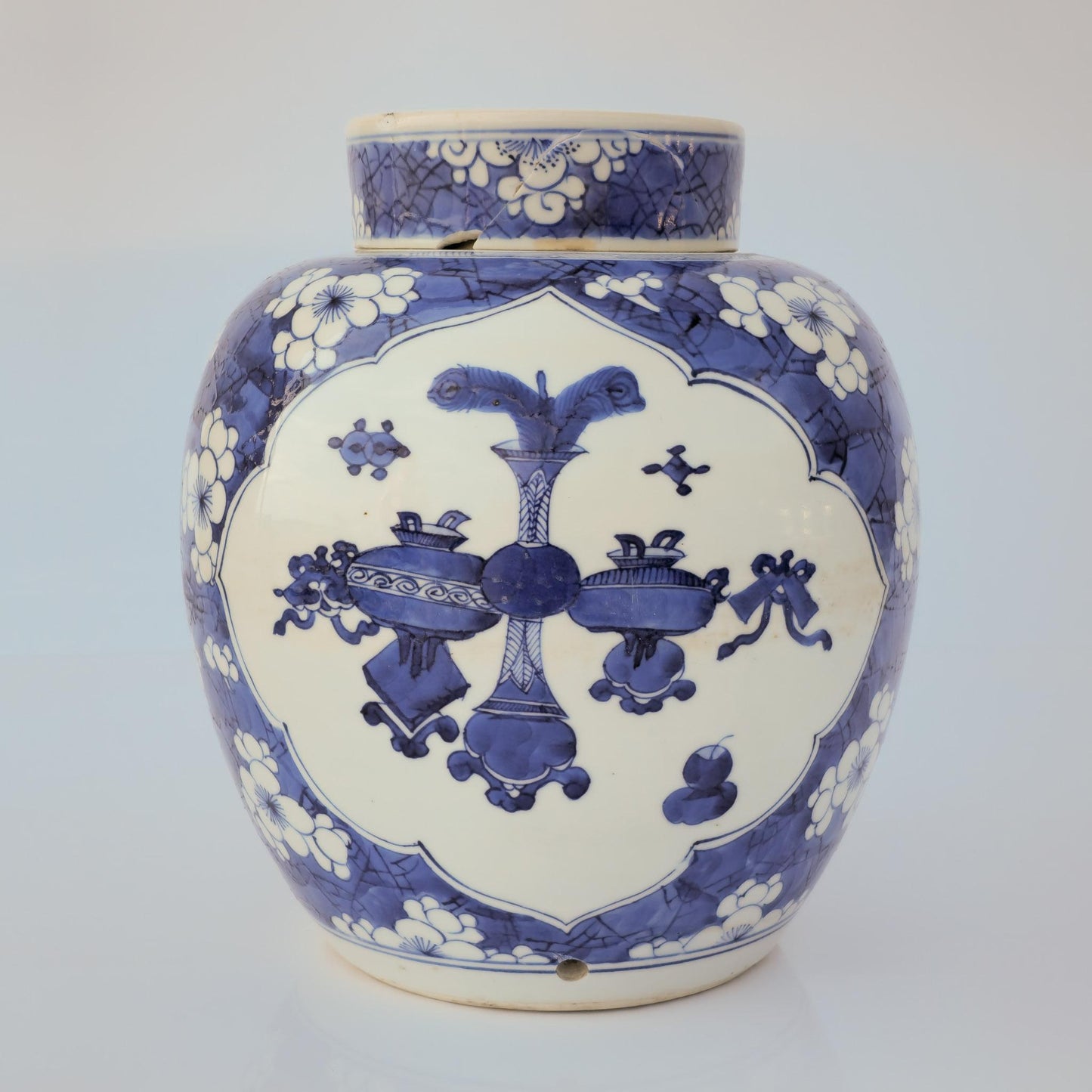 Chinese 18thC. Blue and White Ginger Jar Plum Blossoms Cracked Ice Pattern Kangxi Qing Mollaris.com