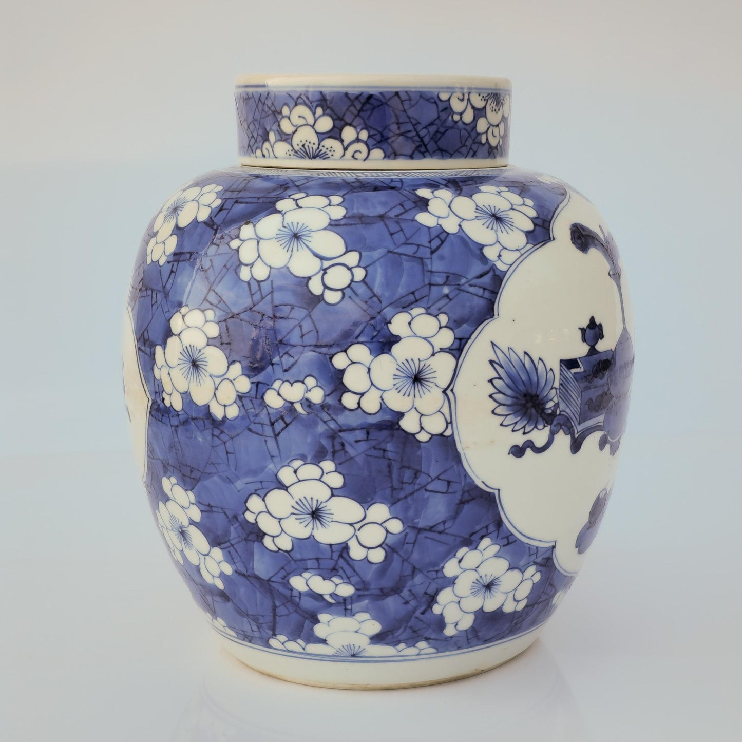 Chinese 18thC. Blue and White Ginger Jar Plum Blossoms Cracked Ice Pattern Kangxi Qing Mollaris.com