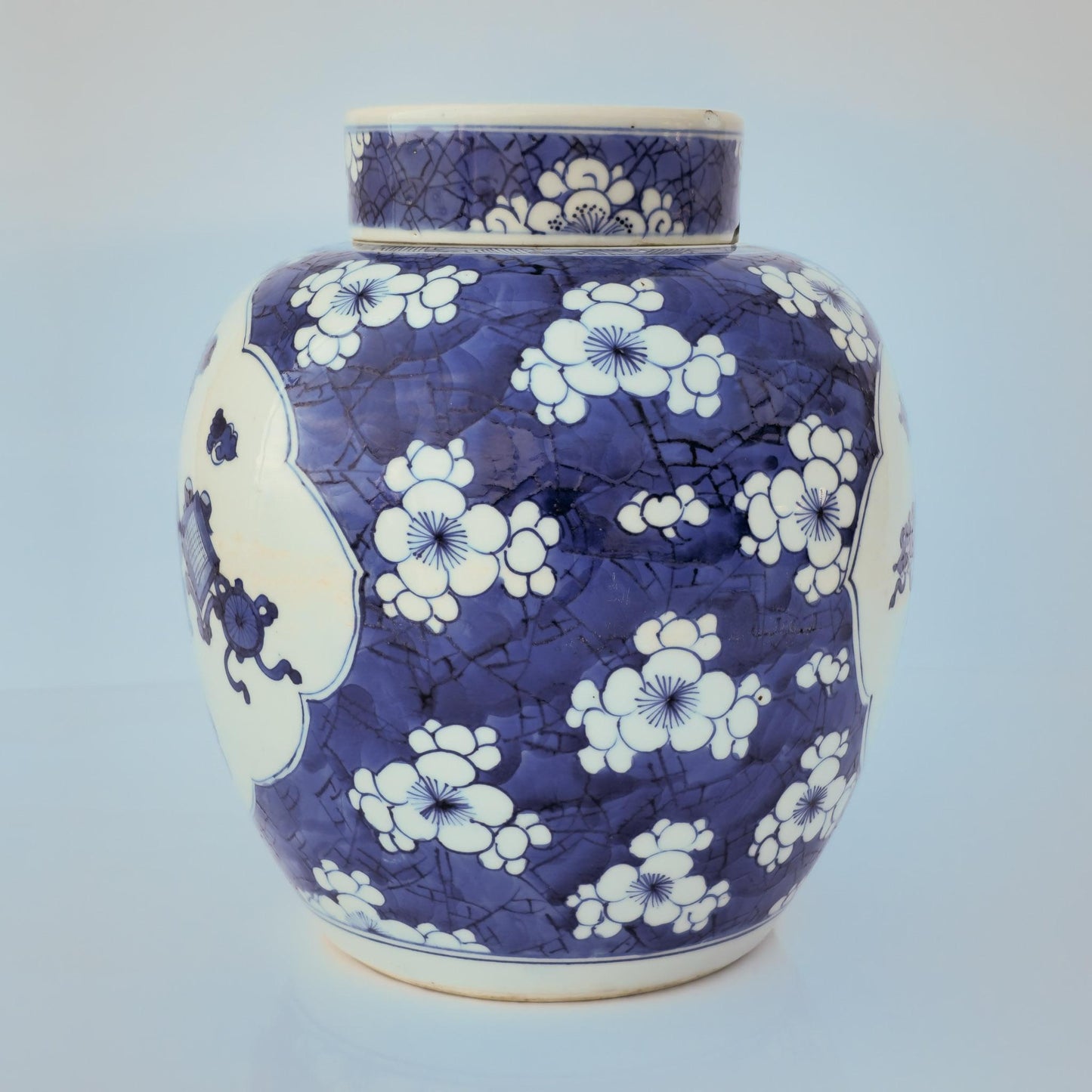 Chinese 18thC. Blue and White Ginger Jar Plum Blossoms Cracked Ice Pattern Kangxi Qing Mollaris.com