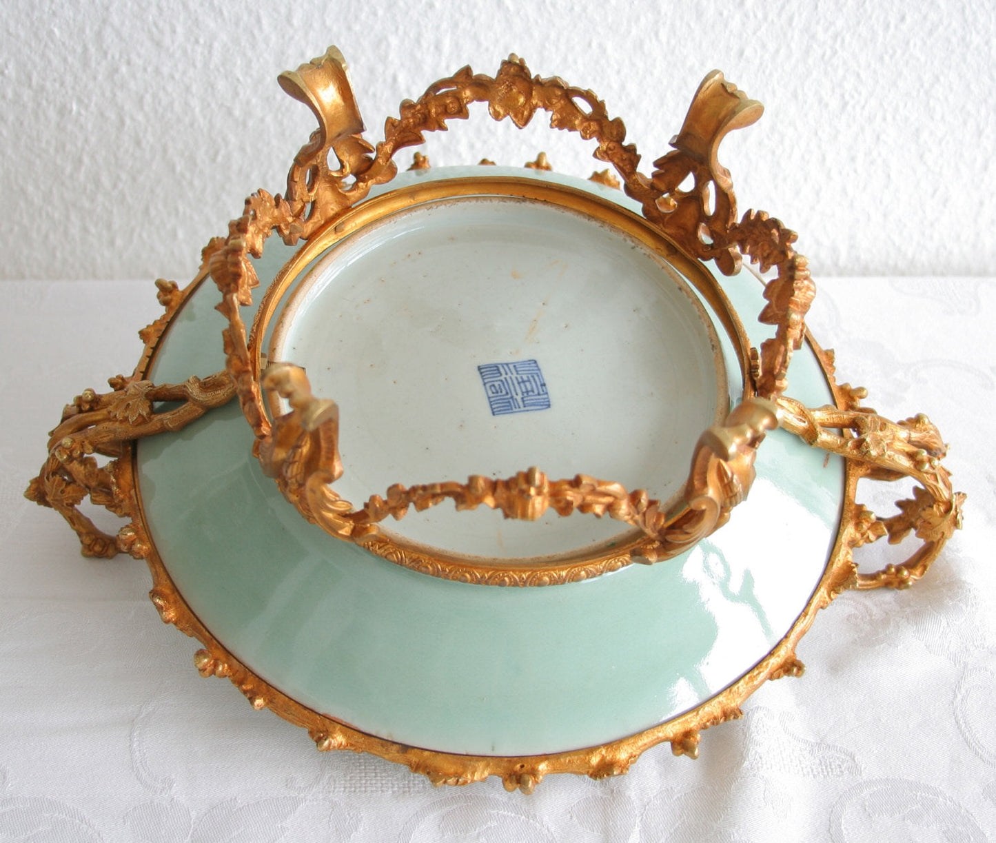 Chinese 19thC Famille Rose Celadon Ground Dish (probably Tongzhi period) in French Ormolu Gilt Bronze Mounts Mollaris.com 
