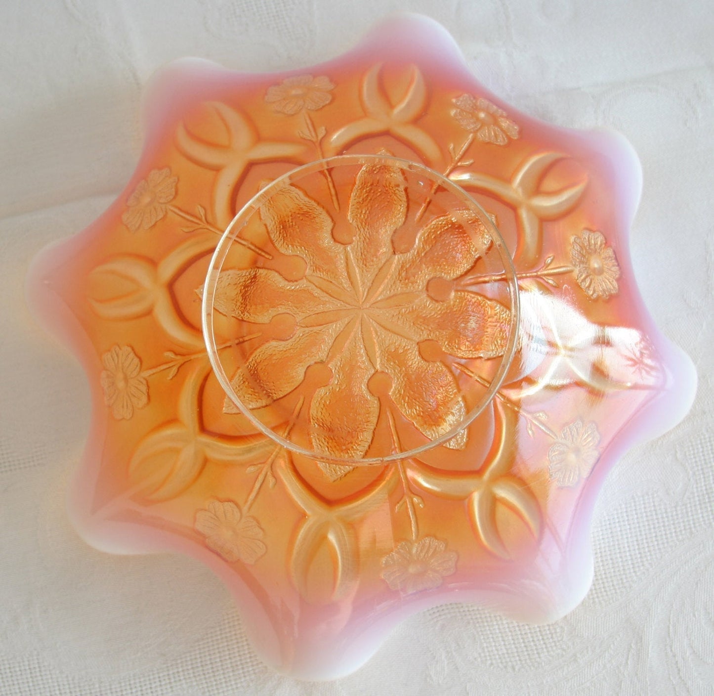 DUGAN Carnival Glass Peach Opal WISHBONE & SPADES Bowl Mollaris.com