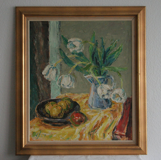 EINAR JOHANSEN Impressionist Still Life Fruit White Tulips Flowers Painting Mollaris.com 