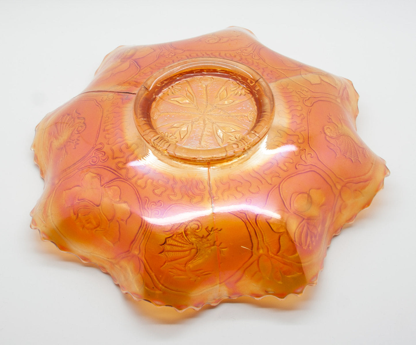 FENTON Carnival Glass Marigold DRAGON and LOTUS Bowl Mollaris.com