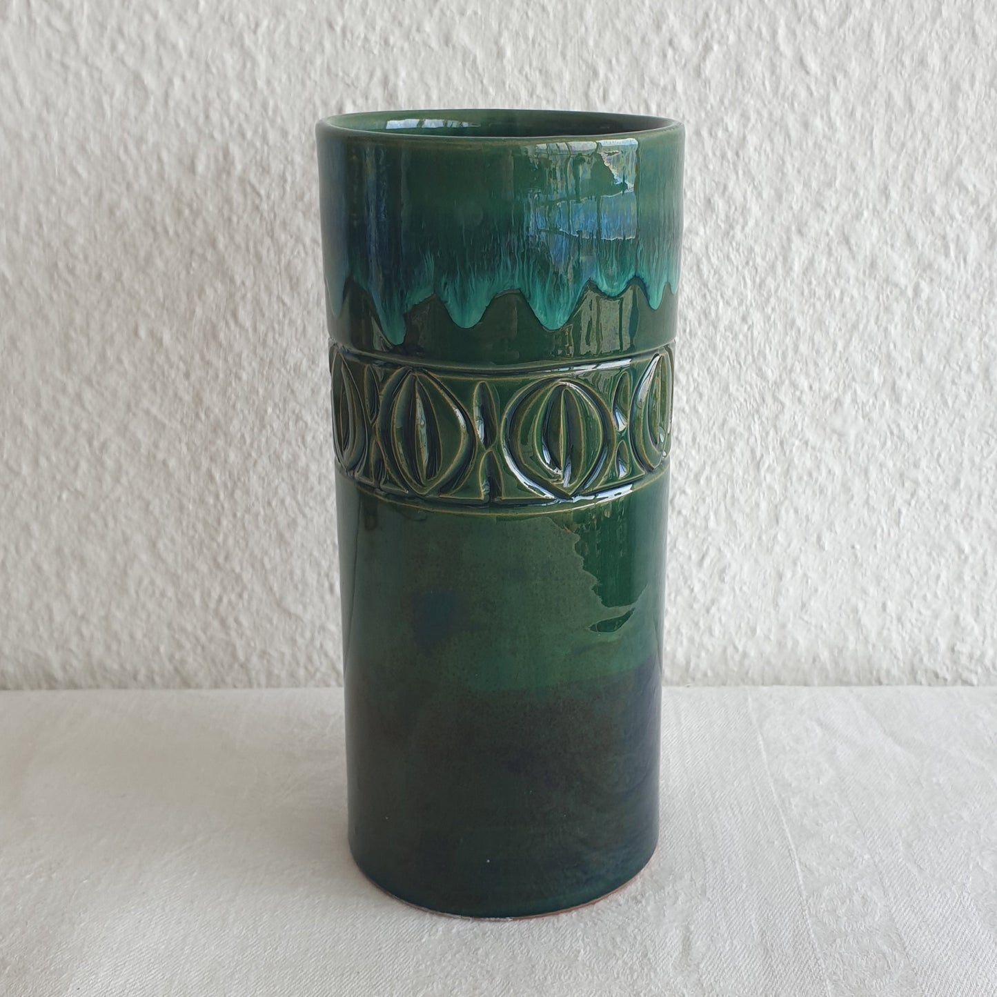FRATELLI FANCIULLACCI Light Dark Green Drip Glaze Sgrafitto Decorated Ceramic Vase Mollaris.com