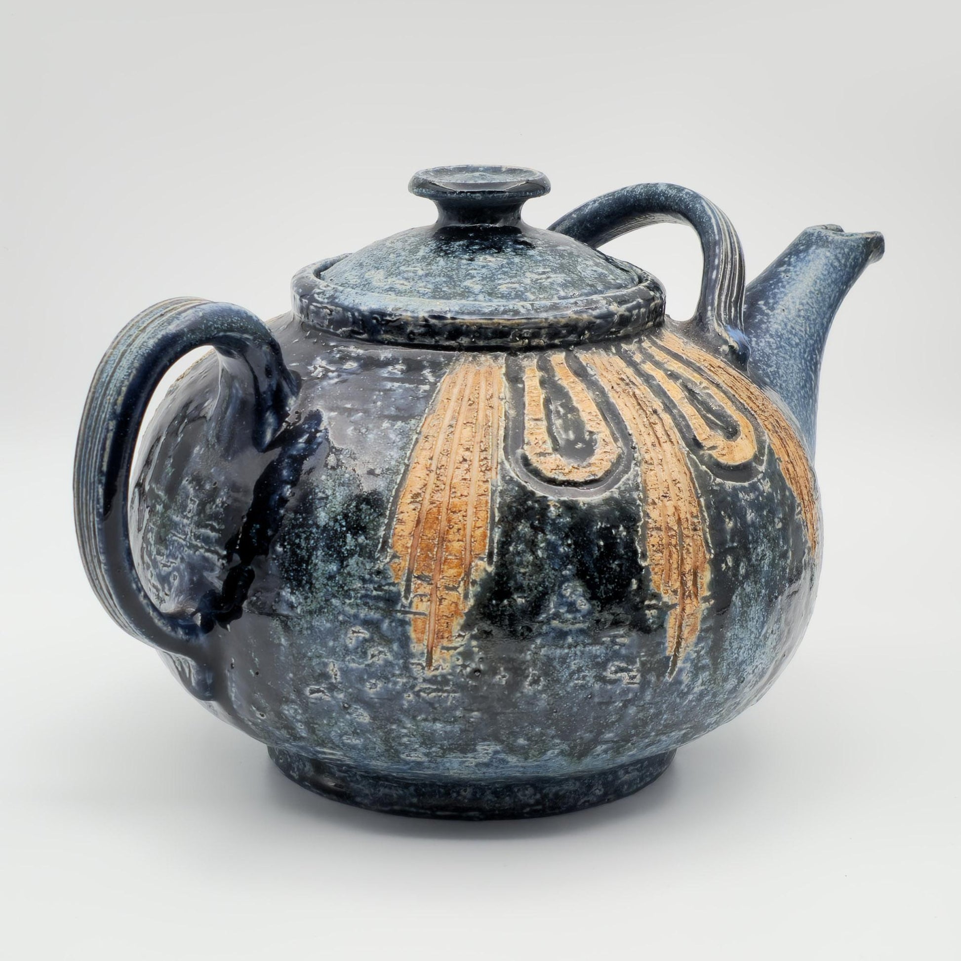 FRIDTJOF SEJERSEN Sejer Keramik Unique Monumental Sgrafitto Dark Blue Glazed Stoneware Teapot Mollaris.com 