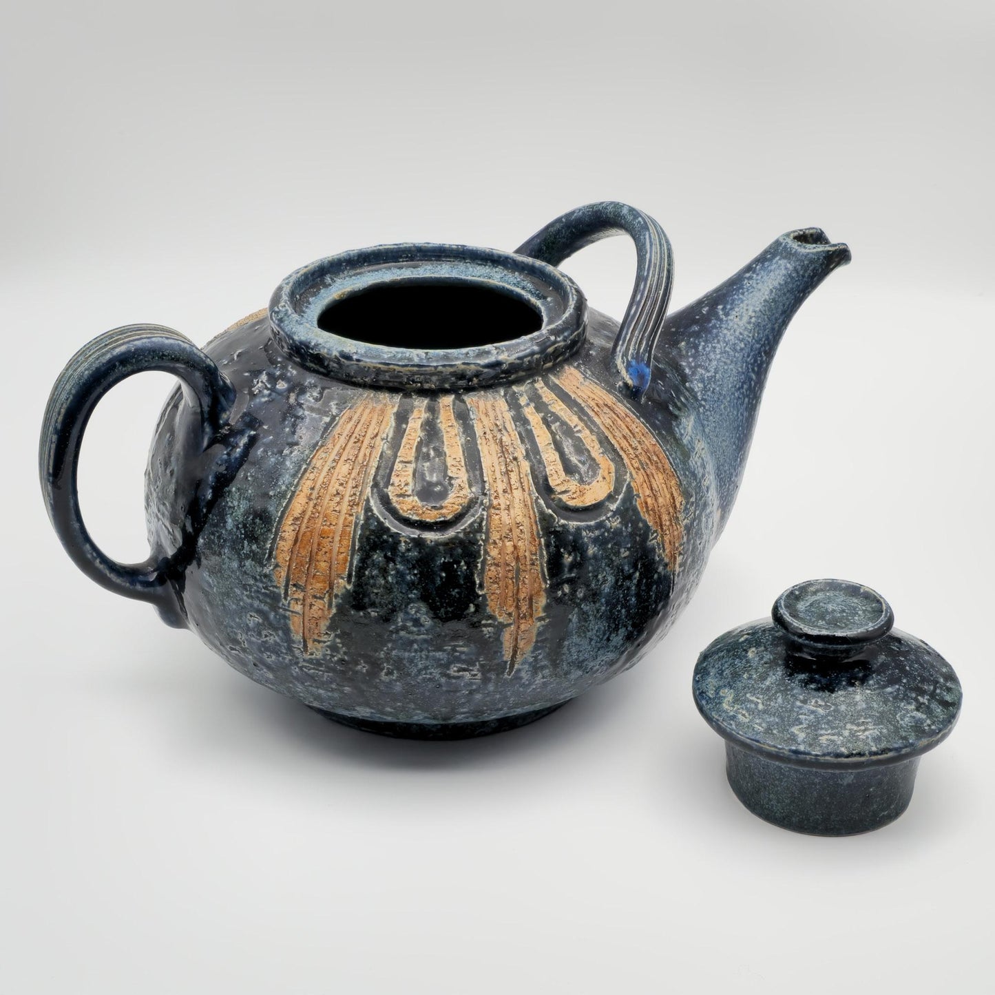 FRIDTJOF SEJERSEN Sejer Keramik Unique Monumental Sgrafitto Dark Blue Glazed Stoneware Teapot Mollaris.com