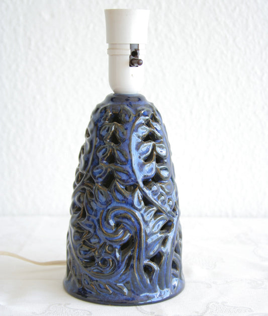 L. HJORTH Azure Blue Openwork Leaves and Branches Stoneware Table Lamp Mollaris.com