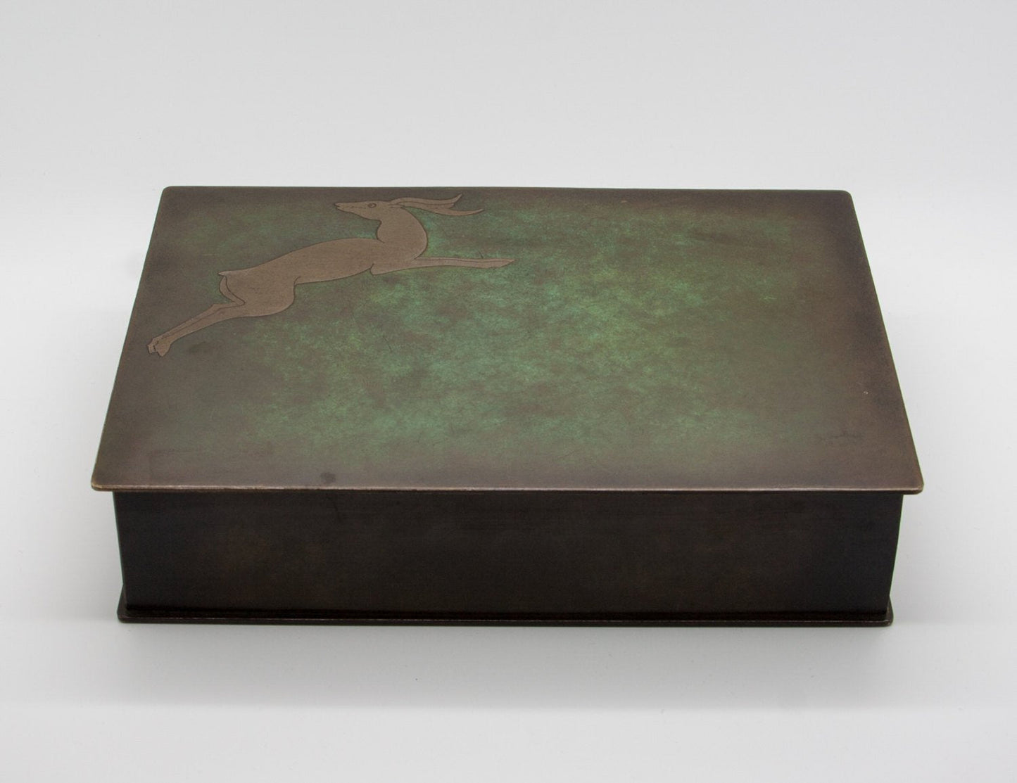 Modernist Brass Inlaid Deer Bronze Cigar Box Mollaris.com