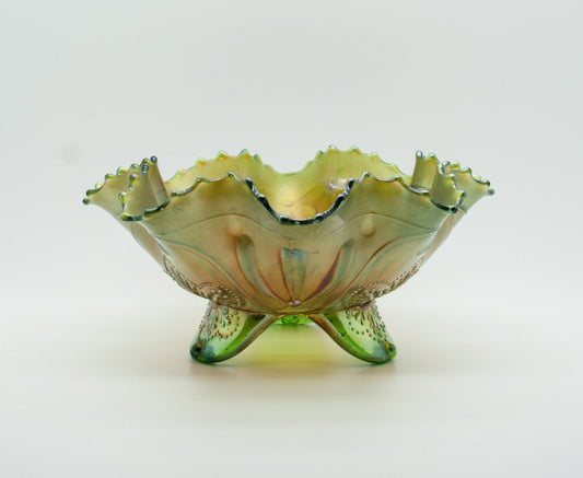 NORTHWOOD Carnival Glass Apple Green SUNFLOWER Spatula Footed Bowl Mollaris.com