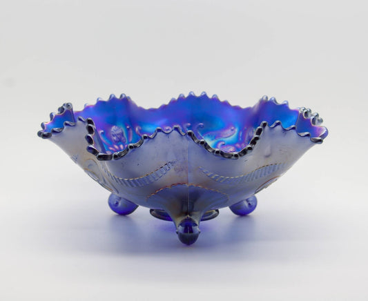 NORTHWOOD Carnival Glass Electric Icy Deep Blue WISHBONE Footed Bowl Mollaris.com