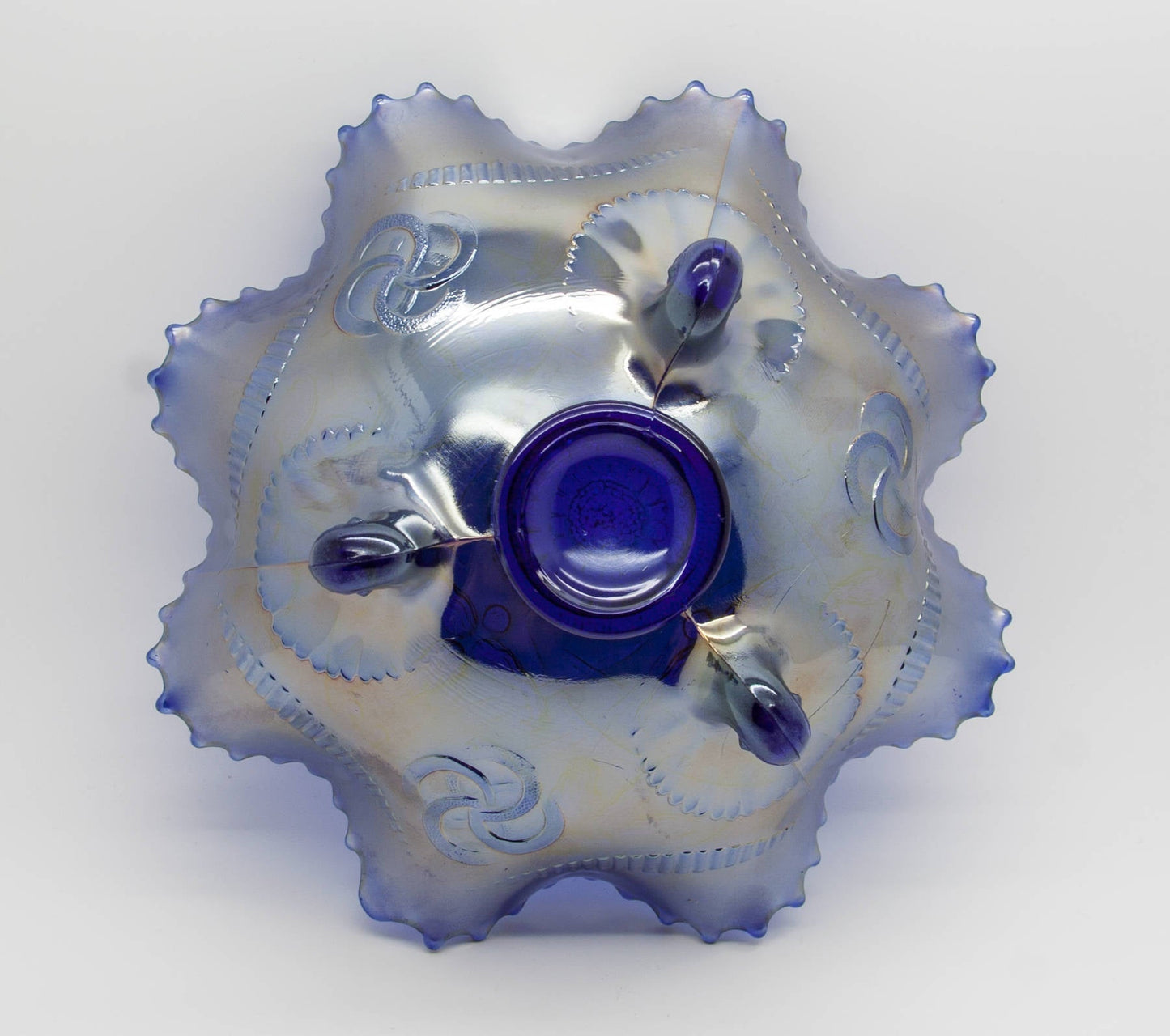 NORTHWOOD Carnival Glass Electric Icy Deep Blue WISHBONE Footed Bowl Mollaris.com