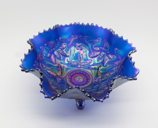 NORTHWOOD Carnival Glass Electric Icy Deep Blue WISHBONE Footed Bowl Mollaris.com