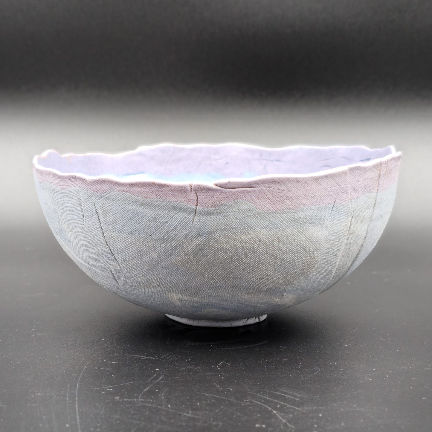 LENE REGIUS BLUE AND PURPLE NERIKOMI STONEWARE BOWL | LATE 20TH CENTURY